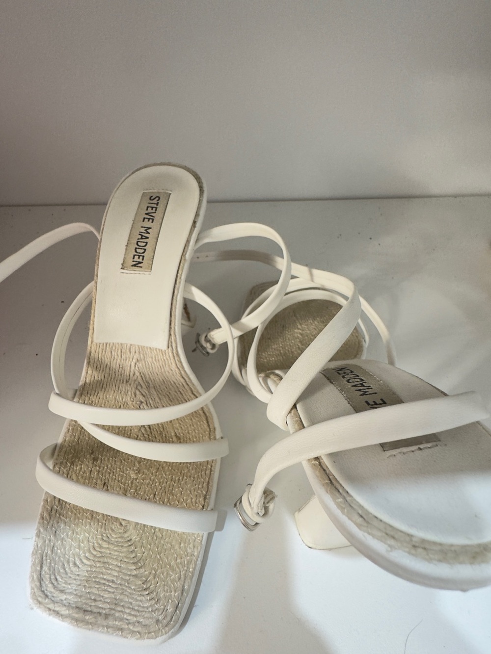 Steve Madden White Strappy Square-Toe Ankle Wrap Sandals